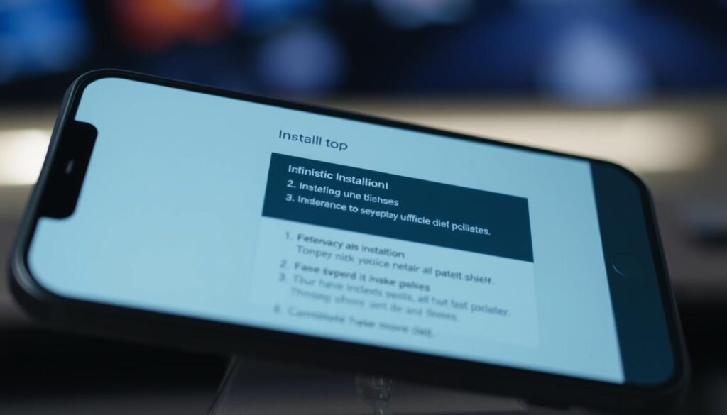 A close-up shot of an Android smartphone screen displaying the SS IPTV app's installation process. The screen is well-lit, with a clean, professional-looking interface showcasing the step-by-step installation guide. The image has a neutral, informative tone, capturing the essence of the task at hand. The smartphone is positioned at a slight angle, providing a clear, unobstructed view of the screen. The background is blurred, keeping the focus on the app's interface and the installation steps.