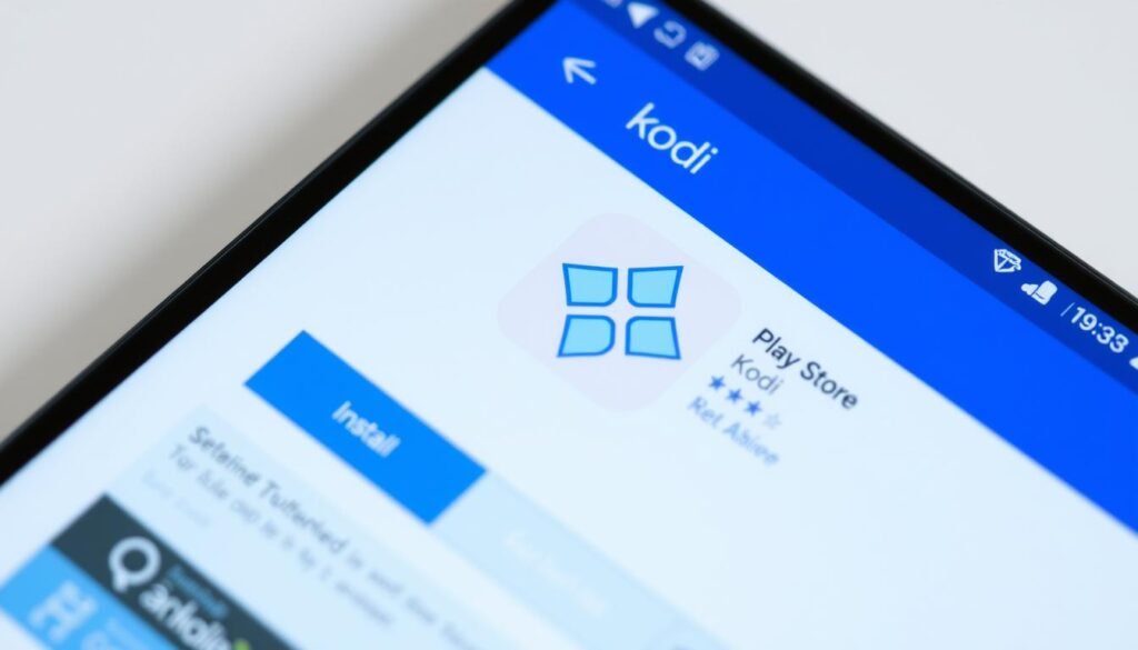 A close-up view of a smartphone screen displaying the Kodi Play Store installation steps. The screen is well-lit, with a clean and modern user interface design. The foreground showcases the app installation process, with clear navigation buttons and intuitive menu options. The middle ground features the Kodi app icon, prominently displayed against a neutral background. The background subtly suggests a minimalist, technology-focused environment, creating a sense of focus and attention on the task at hand. The overall composition conveys a straightforward, step-by-step guide for installing Kodi on an Android device.