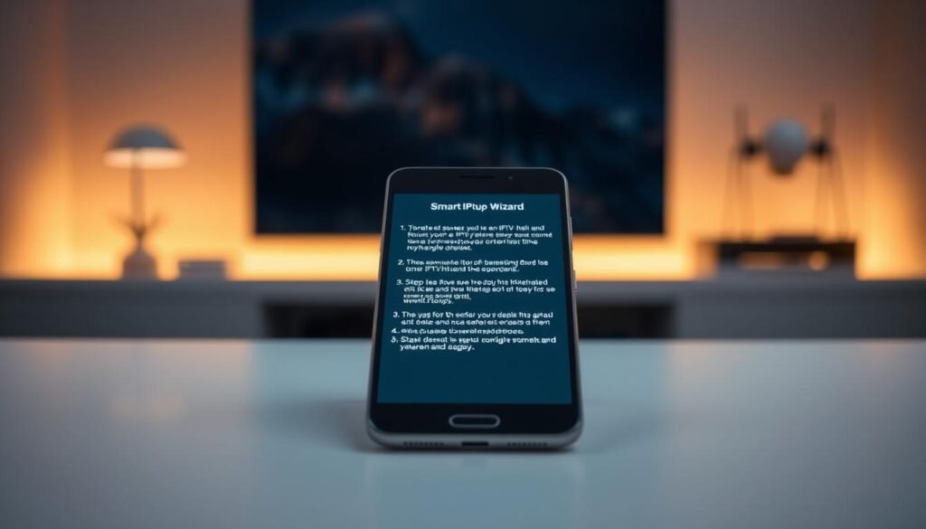 A close-up view of an Android smartphone or tablet on a clean, minimalist desk. The device is centered in the frame, its screen illuminated with a setup wizard for an IPTV app. The background is blurred, with subtle lighting casting a warm, inviting glow. The device's display shows step-by-step instructions for configuring the IPTV service, with clear, legible text. The overall scene conveys a sense of focus, simplicity, and user-friendliness, guiding the viewer through the preparation process for installing Smart IPTV on an Android device.