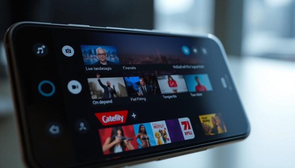 A close-up view of an IPTV player interface on a smartphone screen, showcasing its key features. The foreground displays a sleek, intuitive user interface with a channel grid, playback controls, and recommendations. The middle ground includes thumbnails of various live TV channels and on-demand content. The background features a blurred cityscape, hinting at the global connectivity and accessibility of the IPTV service. The lighting is soft and natural, creating a visually appealing and informative representation of an IPTV player's capabilities.