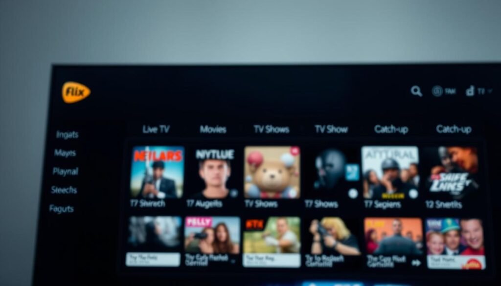 A close-up view of the Flix IPTV player interface, featuring a sleek and modern design with a dark color scheme. The foreground showcases the main menu, highlighting various content categories such as Live TV, Movies, TV Shows, and Catch-up. The middle ground displays a selection of popular channels or recommendations, each with clear thumbnails and titles. The background subtly blurs, creating a sense of depth and focus on the player's key features. The lighting is soft and even, accentuating the crisp, high-definition visuals of the user interface. The overall mood is one of sophistication and ease of use, inviting the viewer to explore the robust capabilities of the Flix IPTV platform.