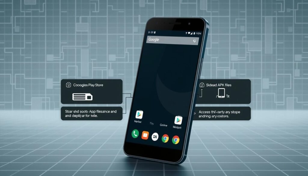 A detailed, step-by-step diagram depicting various Android app installation methods. In the foreground, a smartphone screen showcases the Google Play Store interface, representing the primary app distribution platform. In the middle ground, alternate installation options are illustrated, such as sideloading APK files and accessing third-party app stores. The background features a minimalist, technical-looking grid pattern, evoking the digital environment of Android devices. The overall scene is rendered with a sleek, modern aesthetic, using a muted color palette and subtle lighting to convey a sense of professionalism and functionality.