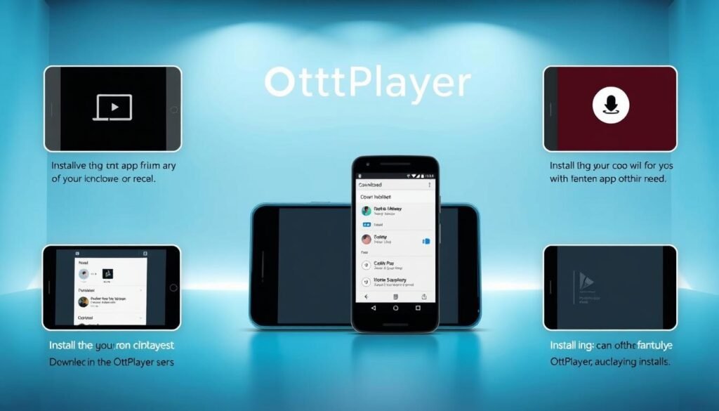 A detailed step-by-step guide for installing the OttPlayer Android app, showcased in a clean, modern interface. The foreground depicts the various installation stages, with a smartphone screen prominently displaying the app download and setup process. The middle ground features a minimalist, device-centric layout, hinting at the seamless integration of the app with Android smartphones. The background subtly suggests a tech-savvy, digital environment, with subtle gradients and geometric patterns that complement the overall aesthetic. Lighting is soft and diffused, creating a welcoming and informative atmosphere. The camera angle is slightly elevated, providing a clear and comprehensive view of the installation steps.