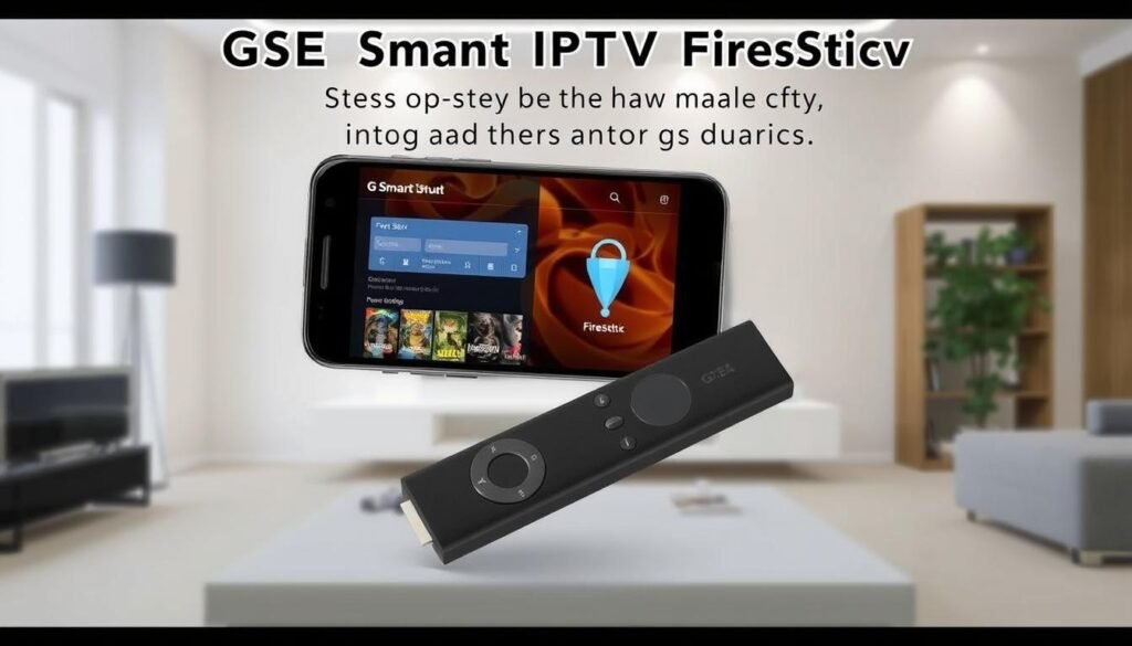A detailed step-by-step installation guide for the GSE Smart IPTV FireStick, showcasing the setup process on an Android device. The image depicts a FireStick remote control in the foreground, with a smartphone or tablet displaying the GSE Smart IPTV app interface in the middle ground. The background features a minimalist, clean interior setting, with neutral tones and subtle lighting to create a calm and informative atmosphere. The angle and composition emphasize the seamless integration between the FireStick and the Android device, highlighting the simplicity and user-friendliness of the installation process.
