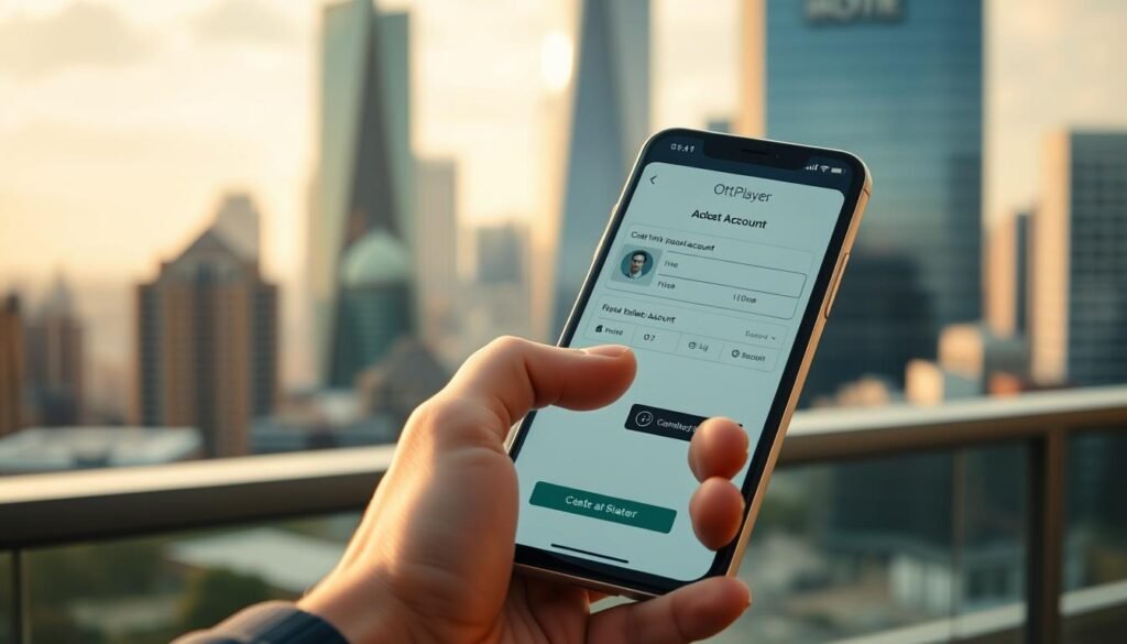 A detailed step-by-step process of creating an OttPlayer account on a smartphone. In the foreground, a person's hands tapping on a smartphone screen, navigating through the account creation flow. The middle ground shows the smartphone interface with various input fields and buttons. In the background, a softly blurred cityscape with modern skyscrapers, suggesting a connected, technology-driven environment. The lighting is natural, with warm tones reflecting the user's engagement. The camera angle is slightly elevated, providing an overview of the account creation experience. The overall mood is one of productivity, focus, and seamless integration of technology into daily life.
