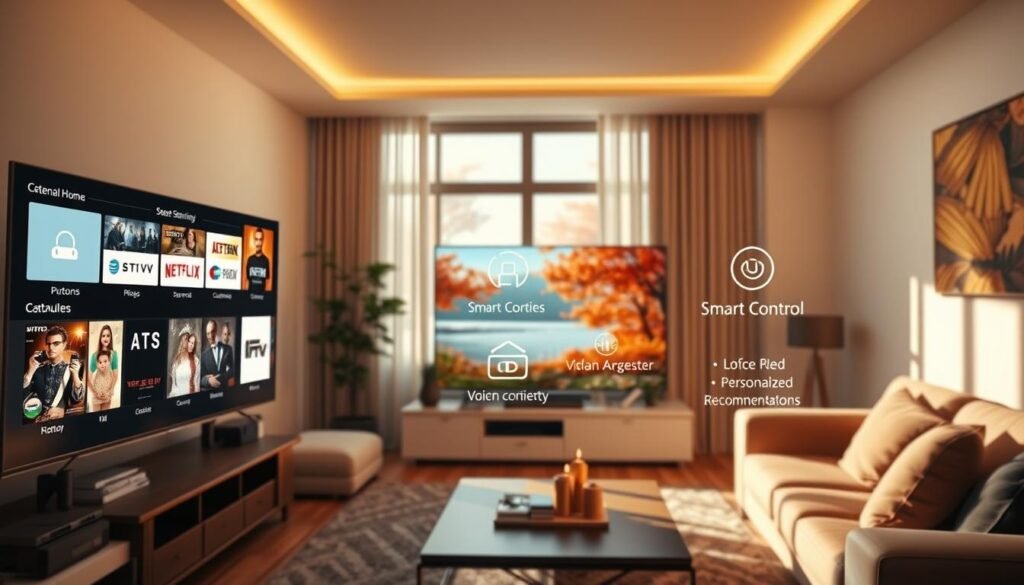 A highly detailed, wide-angle, cinematic image of the key features and capabilities of the GSE Smart IPTV solution. The foreground showcases the user interface and various content streaming options, with clear icons and intuitive menu layouts. The middle ground highlights seamless integration with smart home devices, voice control, and personalized recommendations. The background depicts a vibrant living room setting, with a large, high-definition TV displaying crisp, lifelike visuals. Warm, natural lighting filters through the scene, creating a cozy and inviting atmosphere. The overall composition conveys the comprehensive, user-friendly nature of the GSE Smart IPTV platform.