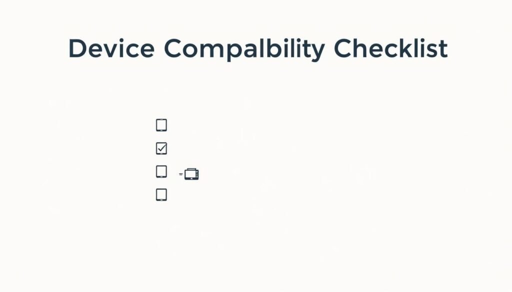 A minimalist, flat-design style illustration of a "Device Compatibility Checklist" against a clean, light-colored background. The checklist should feature a series of simple icons representing various device types (smartphone, tablet, smart TV, etc.) along with a set of checkboxes next to each icon, conveying the idea of compatibility verification. The layout should be well-structured and visually appealing, with a focus on clarity and legibility to support the informational purpose of the image. Soft, neutral lighting and a subtle, calming color palette should be used to create a professional, trustworthy atmosphere.