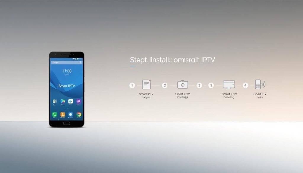 A modern and minimalist illustration of a step-by-step installation process for Smart IPTV on an Android device. In the foreground, a sleek Android smartphone displays the Smart IPTV app interface, with clean icons and an intuitive user interface. The middle ground features a series of numbered steps, each represented by a simple, flat icon, guiding the user through the installation. The background is a soft, gradient-based color scheme, creating a sense of depth and focus on the central elements. The overall mood is one of efficiency, clarity, and ease of use, reflecting the straightforward nature of the Smart IPTV installation on Android.