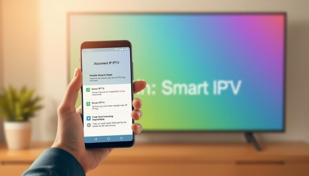 A modern and minimalist illustration of the step-by-step process for installing Smart IPTV on an Android device. The foreground depicts a hand holding a smartphone, with the screen displaying the key installation steps in a clean, easy-to-follow UI. The middle ground showcases the Android operating system interface, with subtle branding elements. The background features a soft, blurred gradient in complementary hues, creating a sense of depth and focus on the central action. Lighting is warm and natural, with a slightly desaturated color palette to convey a professional, informative tone. The camera angle is slightly elevated, providing an optimal view of the smartphone screen and hand positioning.