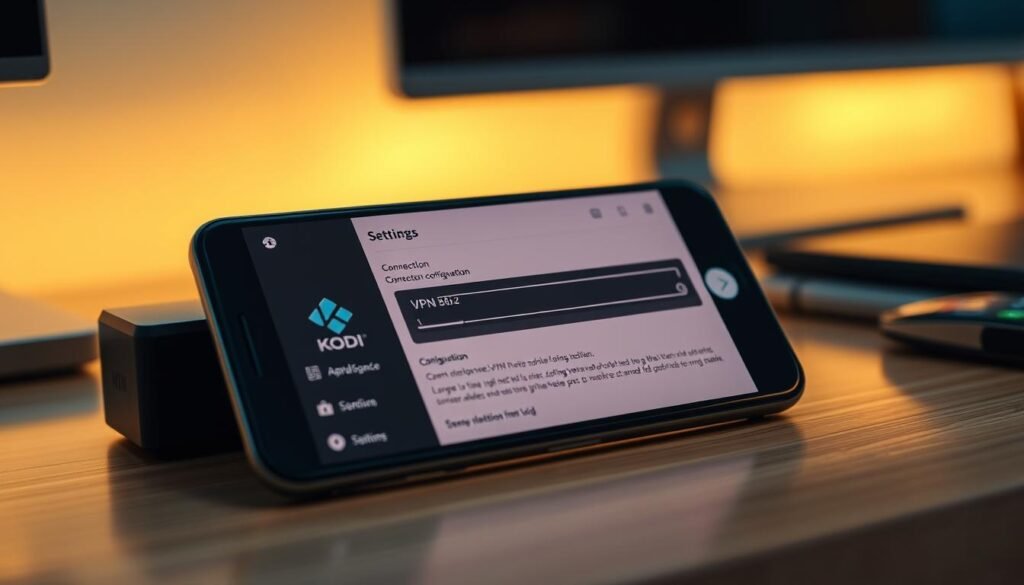 A modern android smartphone displaying the Kodi app interface, with a VPN connection configuration screen prominently featured. The scene is lit by warm, soft lighting, creating a cozy, secure atmosphere. The smartphone is positioned on a minimalist wooden desk, with a blurred background showcasing a clean, minimalist workspace. The Kodi app's sleek UI and the VPN settings are rendered in high detail, emphasizing the ease of setup and the enhanced privacy features. The overall composition conveys a sense of control and digital empowerment for the user.