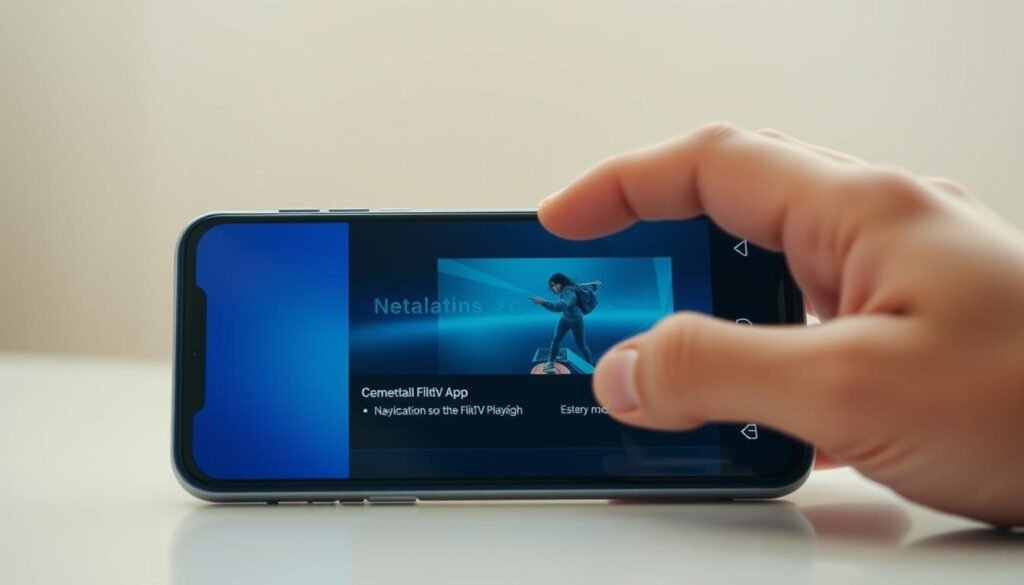 A modern, sleek smartphone displaying the Flix IPTV app interface, showcasing its intuitive navigation and video playback capabilities. The screen is crisp and vibrant, highlighting the app's user-friendly design. In the foreground, a hand delicately interacts with the touchscreen, guiding the user through the installation process. The background is blurred, creating a focus on the device and the app, emphasizing the simplicity and ease of the installation experience. The lighting is soft and natural, accentuating the device's premium aesthetics. The overall tone is one of seamless integration and technological sophistication, reflecting the user-centric approach of the Flix IPTV app.