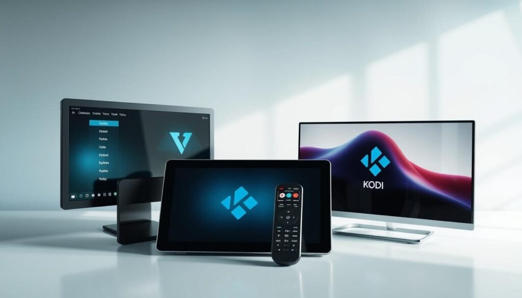 A multi-device Kodi installation showcasing various platforms - a desktop computer, a tablet, a smartphone, and a smart TV remote. The scene is well-lit with natural and ambient lighting, creating a clean and modern atmosphere. The devices are arranged in a dynamic, overlapping composition, highlighting the cross-platform compatibility of Kodi. The background is a minimalist, gradient-based environment that allows the devices to take center stage. The overall impression conveys the versatility and accessibility of Kodi across a range of popular consumer electronics.