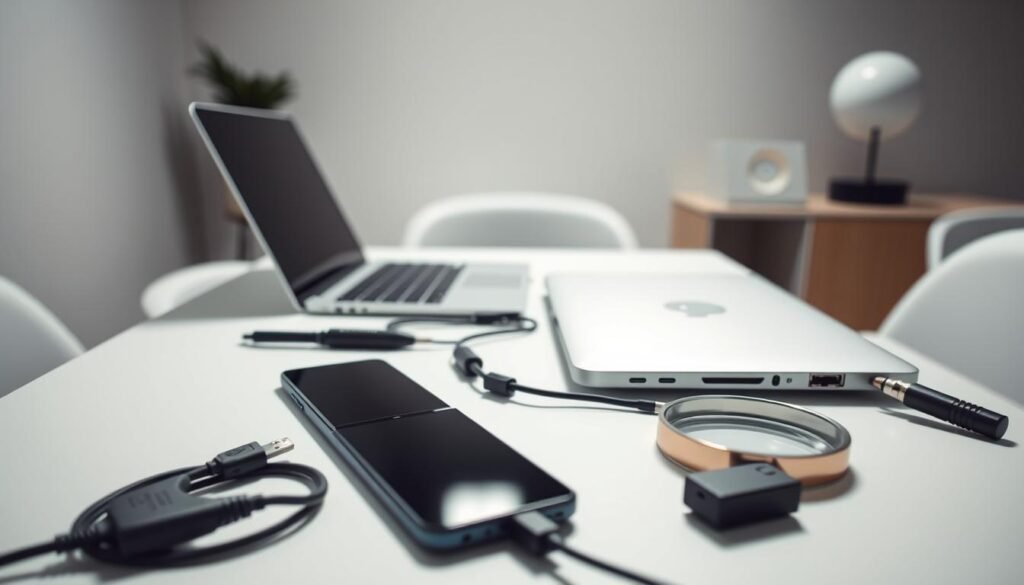 A serene, well-lit workspace with a desk featuring a smartphone, laptop, and various troubleshooting tools such as cables, adapters, and a magnifying glass. The background showcases a minimalist, modern office setting with clean lines and neutral tones, creating a focused and professional atmosphere. The lighting is soft and diffused, accentuating the details of the troubleshooting equipment. The overall composition conveys a sense of diligence and problem-solving, reflecting the task of resolving common IPTV Extreme installation issues.