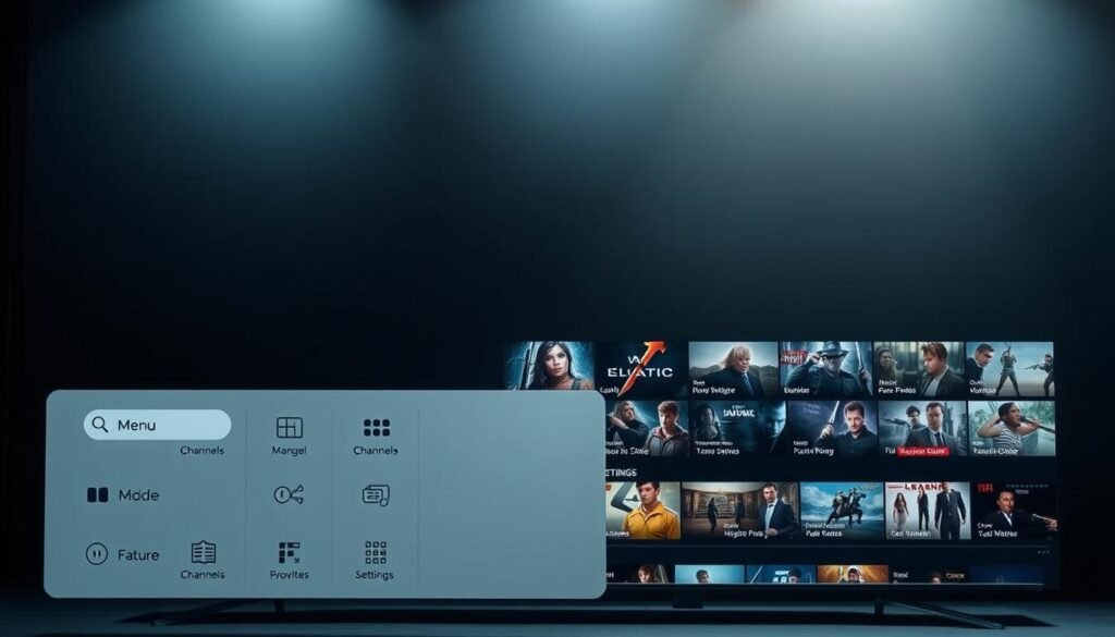 A sleek and modern IPTV app interface with a clean, user-friendly layout. The foreground showcases the main menu, featuring intuitive icons and clearly labeled options for browsing channels, managing favorites, and accessing settings. The middle ground displays a detailed program guide, with vivid thumbnails and concise information about current and upcoming shows. The background subtly fades into a minimalist, dark-themed design, creating a sophisticated and immersive visual experience. Soft, directional lighting from the top-left illuminates the interface, casting subtle shadows and highlights to enhance the depth and clarity of the UI elements. The overall impression is one of a well-designed, efficient, and visually appealing IPTV app that will guide users through their content discovery and management seamlessly.