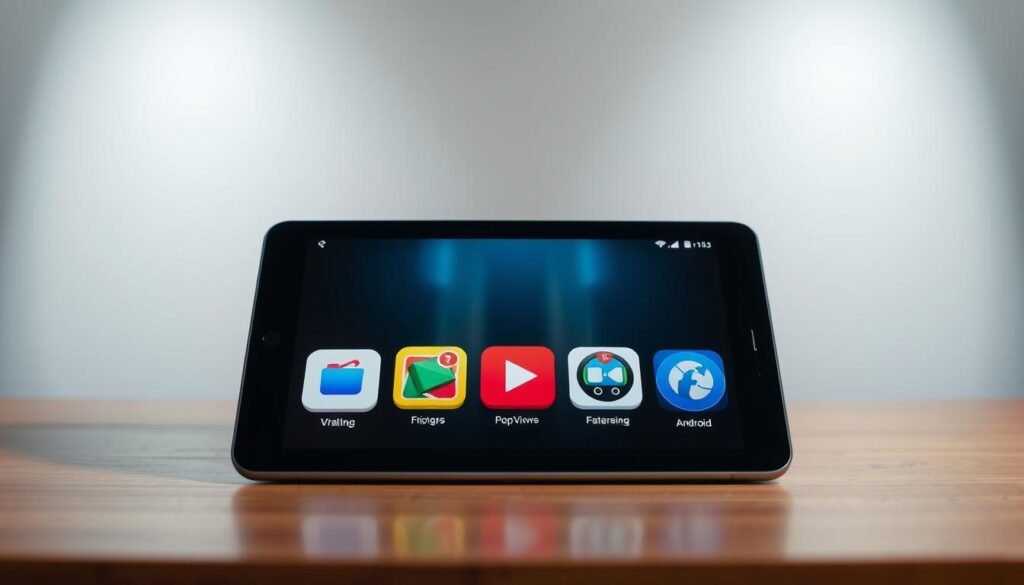 A sleek and modern android tablet or smartphone display, showcasing a variety of video player app icons in the foreground. The icons should be visually distinct, representing popular and high-quality alternatives to the default android video player. The background should have a clean, minimalist design, perhaps with subtle gradients or textures to add depth and visual interest. The lighting should be soft and even, accentuating the vibrant colors and details of the app icons. The camera angle should be slightly elevated, providing a clear and unobstructed view of the display. The overall mood should be professional, informative, and enticing, inviting the viewer to explore the available video player options for their android device.