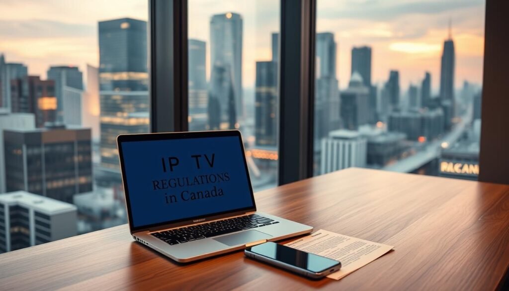 A sleek and modern office setting, with a large window overlooking a bustling city skyline. On a wooden desk, a laptop displays legal documents pertaining to IPTV regulations in Canada, accompanied by a stylish smartphone. Minimalist decor and warm lighting evoke a professional yet welcoming atmosphere, hinting at the careful consideration required when navigating the legal landscape of IPTV in the country.