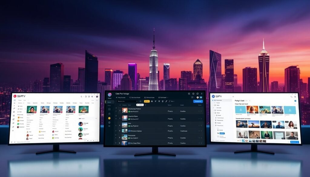 A sleek and modern software interface showcasing the key features of SS IPTV playlist management. In the foreground, a minimalist dashboard displays neatly organized playlists, channels, and playback controls. The middle ground features a detailed view of playlist editing tools, allowing seamless curation and organization. In the background, a stylized cityscape with skyscrapers and a vibrant, neon-lit skyline creates a dynamic, technology-driven atmosphere. Soft, directional lighting illuminates the interface, emphasizing its clean, intuitive design. The overall tone is one of efficiency, professionalism, and the power of digital media management.
