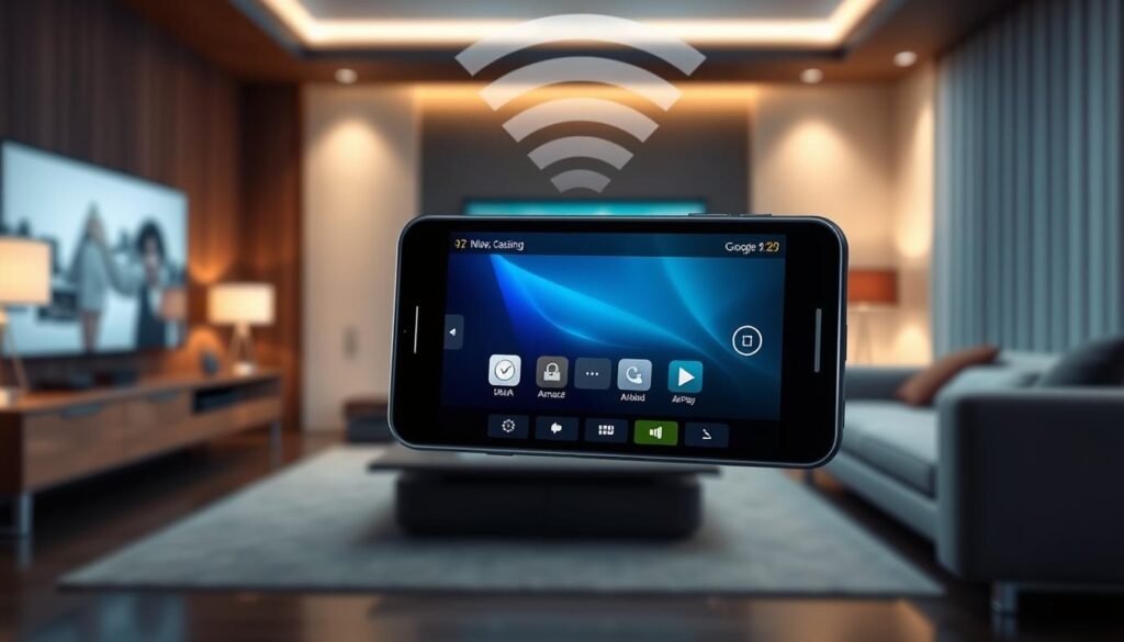 A sleek android smartphone showcasing seamless DLNA and AirPlay streaming capabilities. In the foreground, the device's screen displays a vibrant, minimalist user interface for media casting, with intuitive touch controls. The middle ground features a sophisticated wireless signal emanating from the device, symbolizing the advanced connectivity. The background depicts a modern, stylish living room setting, with subtle lighting accentuating the premium design of the android hardware. The overall mood is one of effortless technology integration, capturing the essence of the "Exploring Advanced Functionalities and Integration" section.