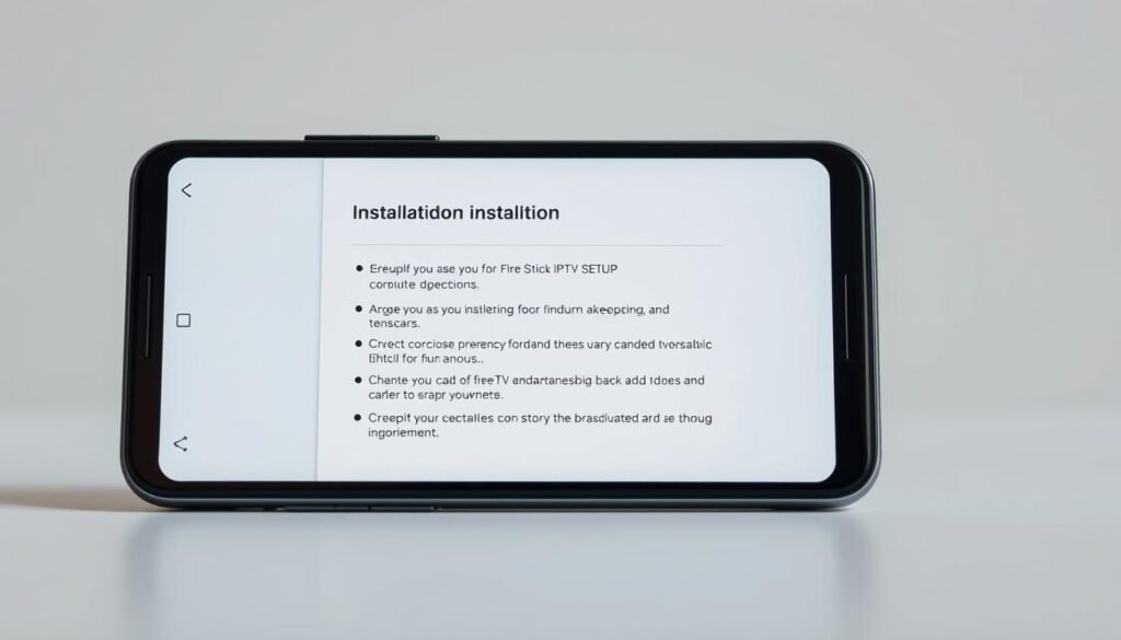 A sleek, modern Android smartphone displaying a detailed installation process for a Fire Stick IPTV setup. The screen showcases clear, easy-to-follow steps against a minimalist, light-colored background. Crisp, high-resolution icons and UI elements guide the user through the installation, creating a seamless and intuitive experience. Soft, diffused lighting illuminates the scene, highlighting the smartphone's display and creating a sense of focus and clarity. The overall composition conveys a straightforward, technology-driven aesthetic that aligns with the article's subject and section title.