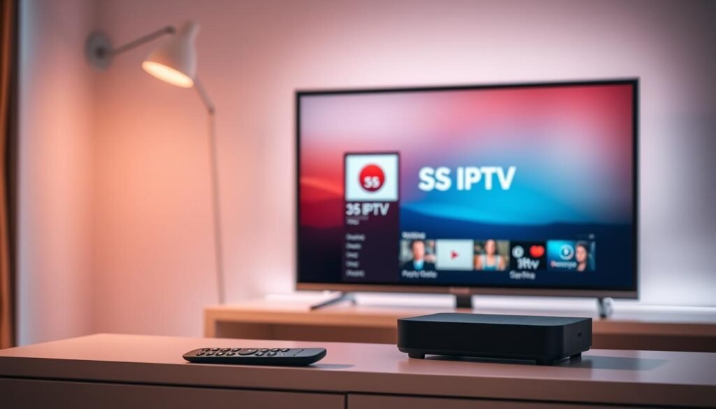 A sleek, modern smart TV setup with the SS IPTV app prominently displayed on the screen. The TV is positioned on a clean, minimalist entertainment center, bathed in warm, diffused lighting that creates a cozy, inviting atmosphere. In the foreground, a simple remote control and a stylish, state-of-the-art streaming device, seamlessly integrated into the setup. The background features a subtle, blurred cityscape, hinting at the global connectivity enabled by the SS IPTV service. The overall scene conveys a sense of effortless technology integration and the convenience of accessing a wealth of entertainment options from the comfort of one's living room.
