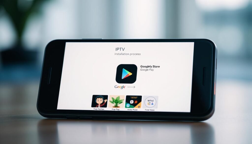 A sleek, modern smartphone screen displaying the Google Play Store interface, with the focus centered on the "IPTV" app icon. The screen is illuminated by a soft, warm lighting, creating a welcoming and intuitive atmosphere. The interface is clean and uncluttered, showcasing the app's features and functionality in an easy-to-navigate layout. The background is subtly blurred, drawing the viewer's attention to the central app installation process. The overall composition conveys a sense of simplicity and accessibility, reflecting the step-by-step nature of the installation guide.