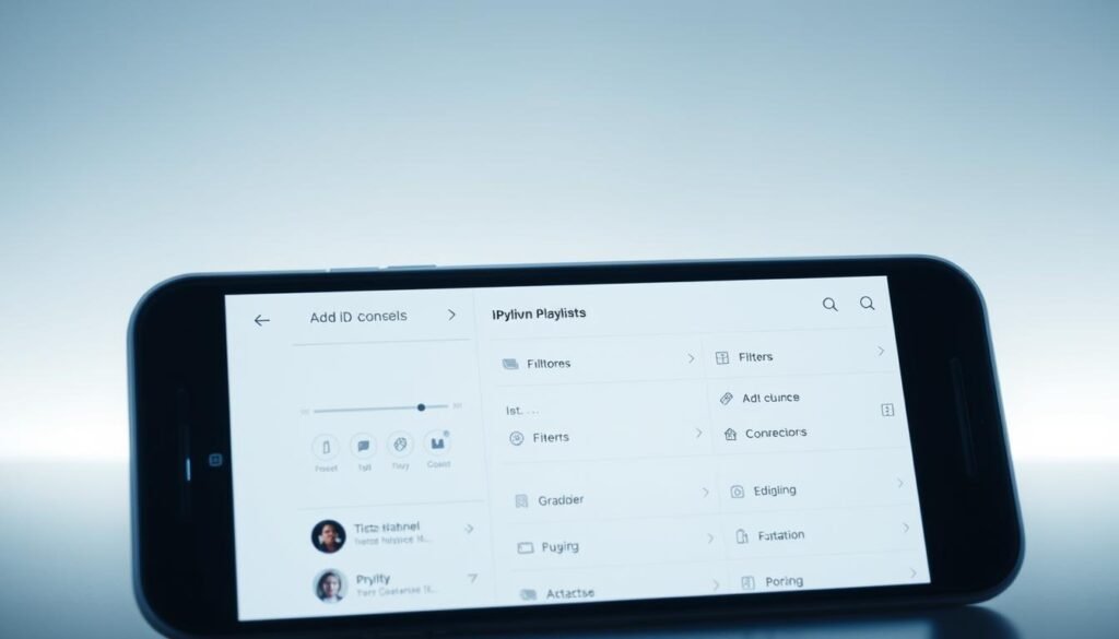 A sleek, modern user interface showcasing an IPTV playlist management system. The foreground features a smartphone display with a clean, intuitive layout for adding, editing, and organizing IPTV channels and playlists. The middle ground depicts control buttons, filters, and sorting options, allowing for seamless playlist curation. The background subtly suggests a minimalist, technology-driven atmosphere with subtle gradients and geometric patterns, complementing the overall aesthetic. Soft, diffused lighting creates a sense of depth and professionalism, highlighting the precision and functionality of the IPTV management experience.