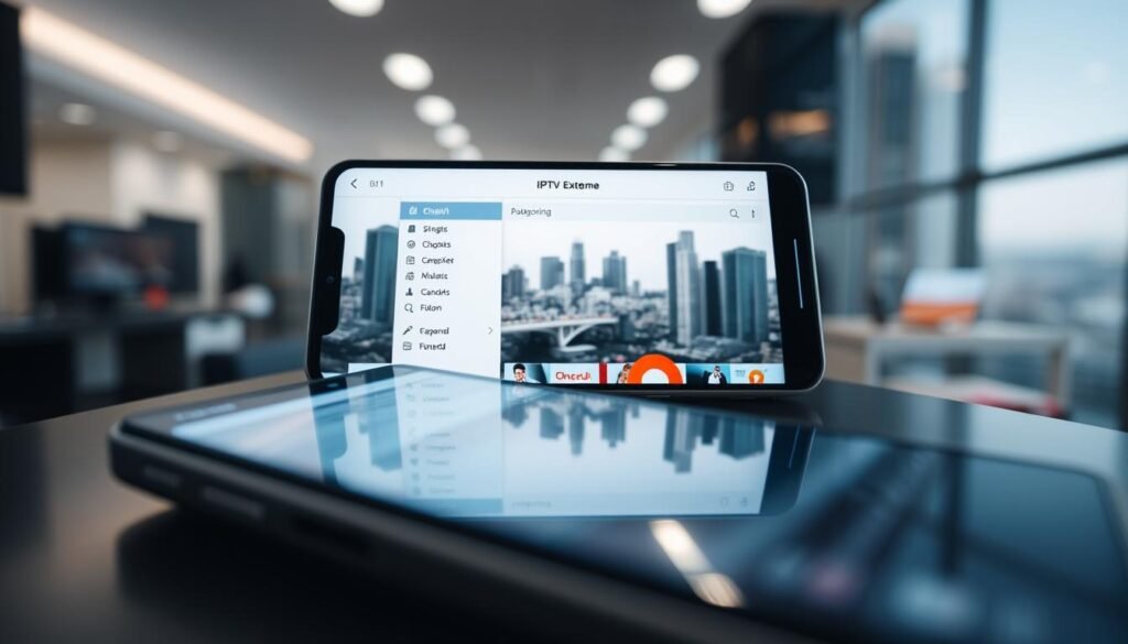 A sleek smartphone screen displaying the IPTV Extreme app's playlist setup interface. The foreground features the app's minimalist user interface, with neatly organized categories and channel listings. The middle ground showcases the smartphone's slim, modern design, with sharp edges and a glossy finish. The background depicts a blurred cityscape, hinting at the app's ability to provide a diverse range of live and on-demand content from around the world. The lighting is soft and evenly distributed, creating a clean, professional atmosphere. The camera angle is slightly elevated, giving a sense of control and oversight over the setup process.