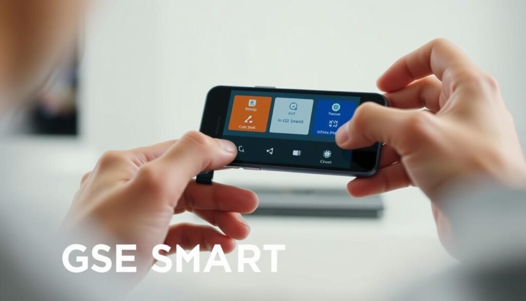 A step-by-step tutorial on installing GSE Smart IPTV on an Android smartphone. The foreground depicts a person's hands interacting with a mobile device, navigating through the installation process. The middle ground shows the device's screen displaying the GSE Smart app interface, with clear icons and menus. The background is a neutral, slightly blurred environment, allowing the focal point to be the installation steps. The lighting is soft and natural, creating a calm, informative atmosphere. The camera angle is slightly angled, providing a clear view of the process. The overall composition is clean and uncluttered, emphasizing the step-by-step instructions for a seamless GSE Smart IPTV installation on an Android device.
