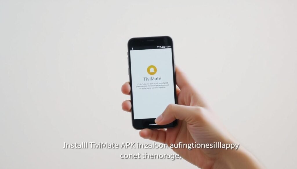 A step-by-step visual guide for installing TiviMate APK on an Android smartphone. A clean, minimalist interface with a smartphone screen in the foreground, displaying the TiviMate installation process. In the middle ground, a hand holding the smartphone, guiding the user through the installation steps. The background is a soft, blurred gradient, creating a sense of focus on the task at hand. The lighting is soft and natural, highlighting the details of the smartphone screen and the user's hand. The overall tone is informative and instructional, designed to clearly illustrate the TiviMate installation experience.