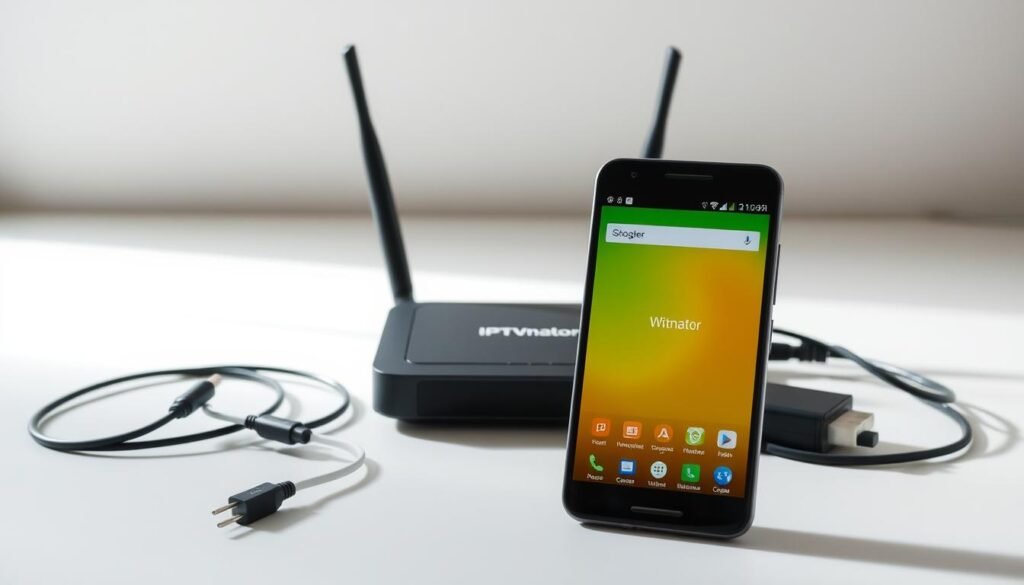 A modern, minimalist setup with a sleek Android smartphone, wireless router, and essential networking equipment. The smartphone is prominently displayed, showcasing the IPTVnator app interface. The router and cables are arranged neatly in the middle ground, highlighting the necessary hardware. The background features a clean, neutral-toned environment, emphasizing the technical nature of the scene. Soft, directional lighting casts subtle shadows, creating depth and dimension. The overall composition conveys a sense of simplicity and efficiency, reflecting the prerequisites for installing IPTVnator on an Android device.