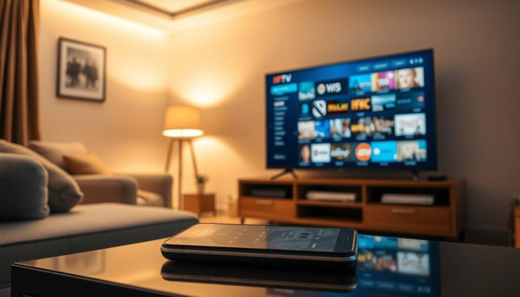 A serene living room with a cozy armchair and a large flat-screen TV displaying a crisp, vibrant IPTV interface. Warm, diffused lighting creates a welcoming atmosphere, casting a soft glow across the room. The TV screen showcases a diverse array of streaming content, with intuitive menus and seamless navigation, hinting at the convenience and entertainment of the IPTV experience. In the foreground, a sleek, modern smartphone rests on a side table, its screen mirroring the IPTV interface, symbolizing the integration and accessibility of the IPTV service across devices.