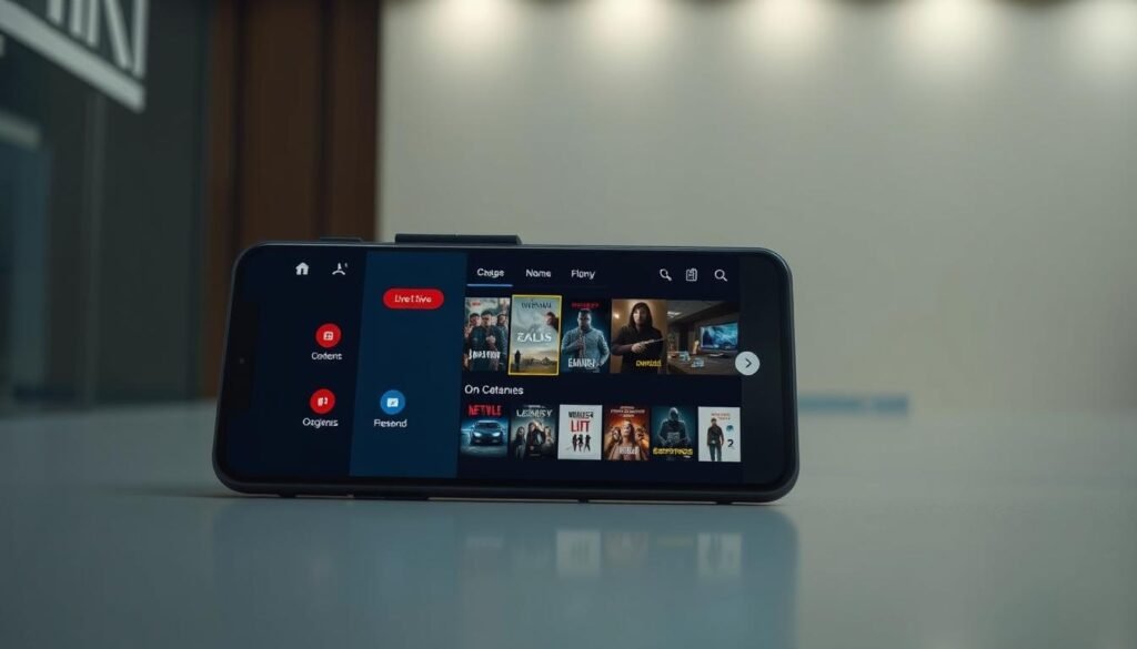 A sleek and intuitive dashboard showcasing the key features of IPTVnator on a stylish Android smartphone screen. In the foreground, a crisp display highlights the app's intuitive interface with clean icons and well-organized menus. The middle ground features a selection of content categories, live TV channels, and on-demand titles, all accessible with a few taps. The background depicts a modern, minimalist setting with subtle lighting that creates a sense of sophistication. The overall composition conveys the seamless user experience and powerful functionality of IPTVnator, perfectly suited for the "Understanding IPTVnator and Its Key Features" section of the article.
