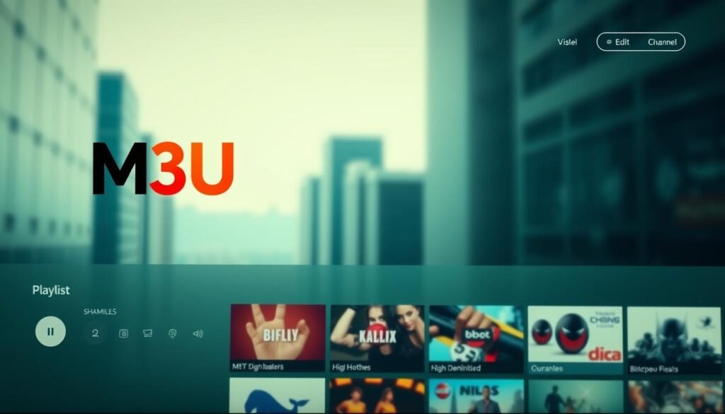 A sleek, modern M3U playlist interface with a clean, minimalist design. The foreground features a stylized M3U logo and customizable playlist controls, allowing the user to add, edit, and manage their channels. The middle ground showcases a grid of colorful, high-definition channel thumbnails, each with a unique icon and title. The background depicts a softly blurred cityscape, hinting at the diverse content available through the M3U playlist. The lighting is natural and diffused, creating a sense of warmth and approachability. The camera angle is slightly elevated, giving the viewer a sense of control and customization over the playlist interface. A sleek, modern M3U playlist interface with a clean, minimalist design. The foreground features a stylized M3U logo and customizable playlist controls, allowing the user to add, edit, and manage their channels. The middle ground showcases a grid of colorful, high-definition channel thumbnails, each with a unique icon and title. The background depicts a softly blurred cityscape, hinting at the diverse content available through the M3U playlist. The lighting is natural and diffused, creating a sense of warmth and approachability. The camera angle is slightly elevated, giving the viewer a sense of control and customization over the playlist interface.