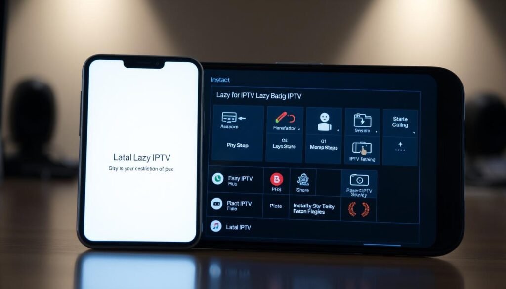 High-quality detailed image of a smartphone screen displaying the step-by-step process of installing Lazy IPTV on an Android device. Prominent foreground elements include the smartphone with a clean, well-lit display showing the installation interface. The middle ground features various UI elements, icons, and buttons related to the IPTV setup process. The background is slightly blurred to emphasize the smartphone screen, with a subtle gradient or neutral color scheme creating a professional, informative atmosphere. Lighting is soft and natural, with a sense of depth and dimension. The overall composition is balanced, guiding the viewer's attention to the key steps of the IPTV installation. High-quality detailed image of a smartphone screen displaying the step-by-step process of installing Lazy IPTV on an Android device. Prominent foreground elements include the smartphone with a clean, well-lit display showing the installation interface. The middle ground features various UI elements, icons, and buttons related to the IPTV setup process. The background is slightly blurred to emphasize the smartphone screen, with a subtle gradient or neutral color scheme creating a professional, informative atmosphere. Lighting is soft and natural, with a sense of depth and dimension. The overall composition is balanced, guiding the viewer's attention to the key steps of the IPTV installation.