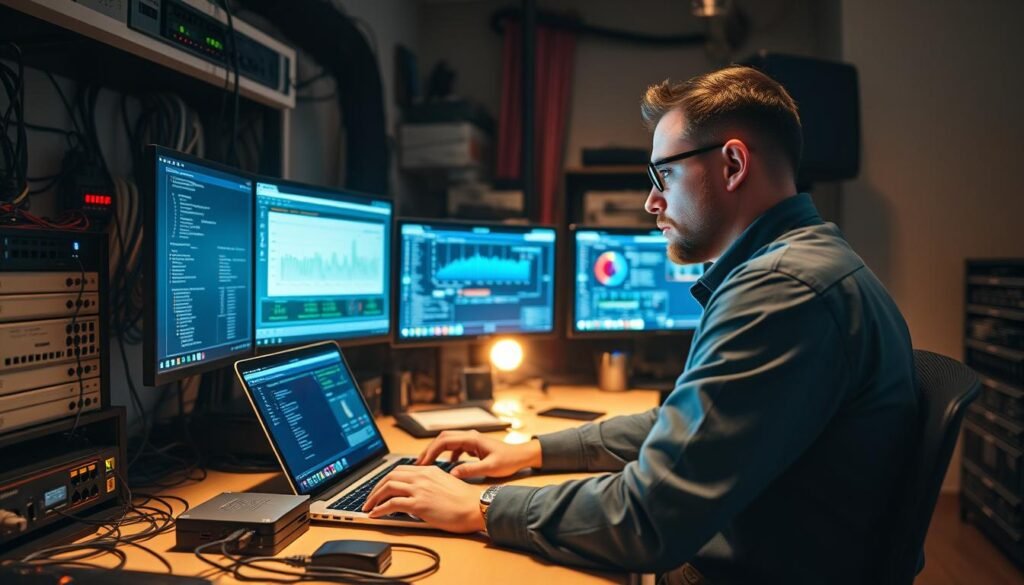 a professional technician troubleshooting and optimizing an IPTV system, sitting at a desk surrounded by cables, routers, and various electronic devices, intently studying a laptop screen displaying performance metrics and troubleshooting tools, the room illuminated by a warm, focused light, creating a sense of concentration and problem-solving, the overall atmosphere conveying the technical expertise and dedication required to ensure reliable IPTV performance a professional technician troubleshooting and optimizing an IPTV system, sitting at a desk surrounded by cables, routers, and various electronic devices, intently studying a laptop screen displaying performance metrics and troubleshooting tools, the room illuminated by a warm, focused light, creating a sense of concentration and problem-solving, the overall atmosphere conveying the technical expertise and dedication required to ensure reliable IPTV performance