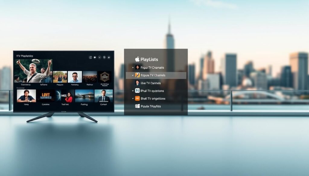 A contemporary, high-resolution image of a modern IPTV player interface showcasing a curated playlist of popular live TV channels and on-demand content. The foreground displays the clean, intuitive UI with a grid of channel thumbnails and titles, while the middle ground depicts a list of available playlists. The background features a subtle, blurred cityscape to convey a sense of connectivity and technology. The lighting is soft and natural, creating a crisp, professional look. The overall mood is one of efficiency, organization, and accessibility, reflecting the ease of use of the IPTV player for iOS and iPadOS devices. A contemporary, high-resolution image of a modern IPTV player interface showcasing a curated playlist of popular live TV channels and on-demand content. The foreground displays the clean, intuitive UI with a grid of channel thumbnails and titles, while the middle ground depicts a list of available playlists. The background features a subtle, blurred cityscape to convey a sense of connectivity and technology. The lighting is soft and natural, creating a crisp, professional look. The overall mood is one of efficiency, organization, and accessibility, reflecting the ease of use of the IPTV player for iOS and iPadOS devices.