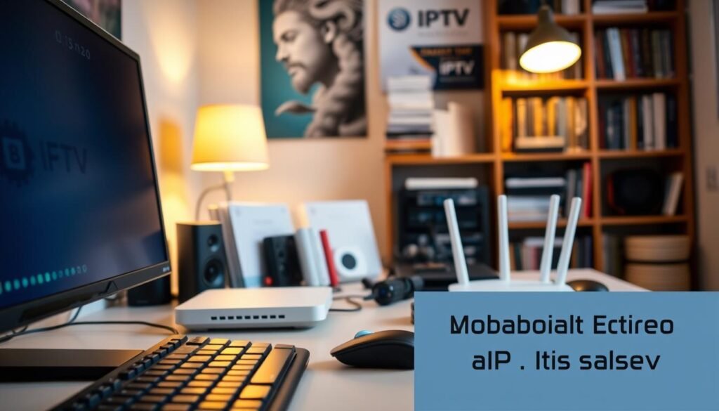 A cozy, well-lit home office setup with a sleek desktop computer, a high-resolution display, and a tidy arrangement of peripherals. The foreground features a wireless keyboard and mouse, while the middle ground showcases a modern, minimal-design router and a smart home assistant device. The background depicts a bookshelf filled with technical manuals and programming guides, creating an atmosphere of productivity and tech-savviness. The lighting is warm and inviting, with soft, natural illumination from a nearby window. The overall scene conveys a sense of organization and professionalism, suitable for a guide on setting up an IPTV system. A cozy, well-lit home office setup with a sleek desktop computer, a high-resolution display, and a tidy arrangement of peripherals. The foreground features a wireless keyboard and mouse, while the middle ground showcases a modern, minimal-design router and a smart home assistant device. The background depicts a bookshelf filled with technical manuals and programming guides, creating an atmosphere of productivity and tech-savviness. The lighting is warm and inviting, with soft, natural illumination from a nearby window. The overall scene conveys a sense of organization and professionalism, suitable for a guide on setting up an IPTV system.