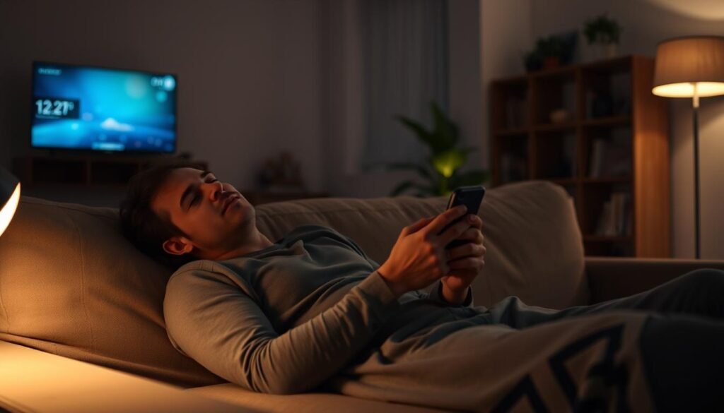 A lazy IPTV player lounging on a couch, its face hidden by a smartphone screen. The living room is dimly lit, with a soft, warm glow from a nearby lamp casting shadows across the player's relaxed posture. The room is sparsely furnished, with a bookshelf and a few potted plants in the background, conveying a sense of simple, minimalist living. The player is wearing comfortable, casual clothing, suggesting a laid-back, carefree attitude. The overall mood is one of tranquility and leisure, reflecting the "lazy" nature of the IPTV player's experience. A lazy IPTV player lounging on a couch, its face hidden by a smartphone screen. The living room is dimly lit, with a soft, warm glow from a nearby lamp casting shadows across the player's relaxed posture. The room is sparsely furnished, with a bookshelf and a few potted plants in the background, conveying a sense of simple, minimalist living. The player is wearing comfortable, casual clothing, suggesting a laid-back, carefree attitude. The overall mood is one of tranquility and leisure, reflecting the "lazy" nature of the IPTV player's experience.