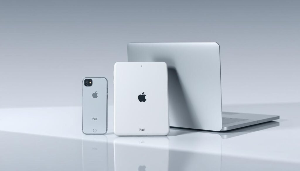 A modern, minimalist still life composition featuring an iPhone, iPad, and MacBook, arranged on a sleek, reflective surface. The devices are presented in a clean, well-lit environment, with a cool, neutral color palette that emphasizes their streamlined design. The lighting is soft and directional, creating subtle shadows and highlights that accentuate the form and texture of the products. The camera angle is slightly elevated, providing a balanced, symmetrical framing that showcases the devices' distinct profiles and creates a sense of harmony and cohesion among the elements. The overall mood is one of sophistication, technology, and understated elegance.