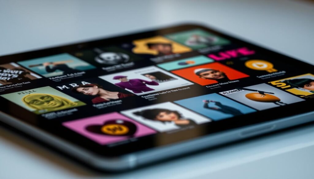 A neatly organized collection of digital playlists, each with its own distinct color scheme and album artwork, displayed on the smooth surface of a modern digital device. The playlists are arranged in a visually appealing grid, with a subtle play button icon in the center, hinting at the interactive nature of the content. The lighting is soft and diffused, creating a sense of depth and dimension, while the overall atmosphere is one of focused curation and personal expression.