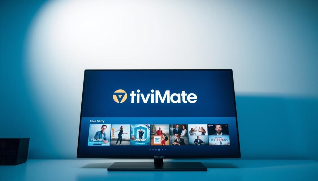 A sleek and modern IPTV player interface, showcasing the TiviMate logo prominently in the center. The screen displays a clean and intuitive layout, with various menu options and content thumbnails neatly arranged. The overall aesthetic is minimalist and user-friendly, with a calming color palette of blues and grays. The scene is lit by a soft, diffused light, creating a professional and polished atmosphere. The camera angle is slightly elevated, providing a clear and comprehensive view of the TiviMate player's functionality and design.