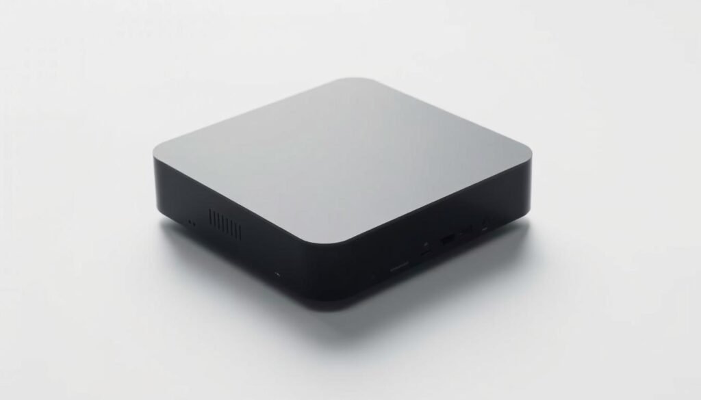 A sleek and modern IPTV smart player device displayed on a minimalist white background. The player is centered in the frame, showcasing its clean and streamlined design with a matte black casing and a discreet display panel. Soft, diffused lighting illuminates the device, creating a sense of depth and highlighting its premium aesthetic. The player sits atop a smooth, reflective surface, creating a subtle shadow that adds to the overall sense of depth and dimensionality. The background is devoid of distractions, allowing the IPTV smart player to be the sole focus of the image, emphasizing its role as the central component in the "How to install iptvnator on ios/iPhone/ iPad" section.