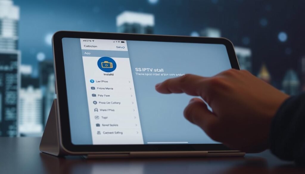 A sleek and modern iPhone or iPad screen displaying the installation process for the SS IPTV app. The foreground shows the app interface with clean, intuitive navigation menus. The middle ground features a person's hand tapping on the screen, guiding the user through the setup steps. The background has a subtle, blurred cityscape or tech-inspired pattern, conveying a sense of connectivity and digital lifestyle. The lighting is soft and diffused, creating a warm, inviting atmosphere. The overall composition is well-balanced, drawing the viewer's attention to the key installation elements.