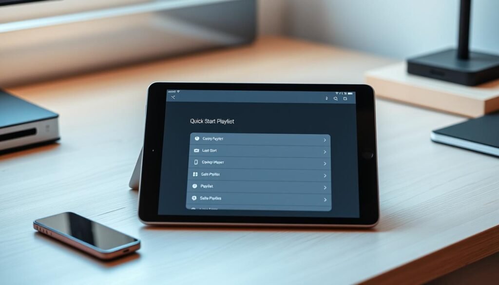 A sleek, modern desktop setup with an iPad or iPhone prominently displayed, its screen showcasing a "Quick Start Playlist" interface. The device is positioned on a minimalist, wooden desk, surrounded by a clean, well-lit environment. The lighting is soft and natural, accentuating the device's display and creating a calming, focused atmosphere. The scene exudes a sense of simplicity and efficiency, conveying the ease of setting up an IPTV player and loading a playlist on a mobile device. A sleek, modern desktop setup with an iPad or iPhone prominently displayed, its screen showcasing a "Quick Start Playlist" interface. The device is positioned on a minimalist, wooden desk, surrounded by a clean, well-lit environment. The lighting is soft and natural, accentuating the device's display and creating a calming, focused atmosphere. The scene exudes a sense of simplicity and efficiency, conveying the ease of setting up an IPTV player and loading a playlist on a mobile device.