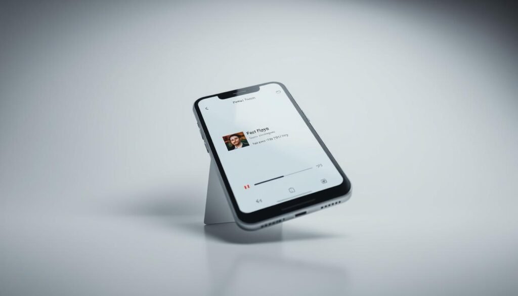 A sleek, modern iPhone or iPad device prominently displayed, its screen showcasing the Perfect Player interface in a crisp, high-resolution display. The device is set against a minimalist, light-colored background, with a subtle gradient or texture to add depth and visual interest. The lighting is soft and diffused, creating a clean, professional aesthetic. The camera angle is slightly elevated, giving a sense of authority and importance to the device and its app. The overall mood is one of simplicity, elegance, and technological prowess, reflecting the user-friendly nature of the Perfect Player app on iOS devices.