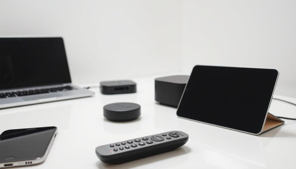 A well-lit, minimal still life featuring an assortment of modern digital devices arranged on a clean, white surface. In the foreground, a sleek smartphone, tablet, and remote control are positioned neatly, their smooth, reflective surfaces catching the soft, directional lighting. In the middle ground, a laptop and streaming device sit side by side, their subdued hues and geometric forms creating a sense of balance. The background is a simple, neutral backdrop, allowing the focus to remain on the array of interconnected technology, conveying a sense of organization and preparedness. A well-lit, minimal still life featuring an assortment of modern digital devices arranged on a clean, white surface. In the foreground, a sleek smartphone, tablet, and remote control are positioned neatly, their smooth, reflective surfaces catching the soft, directional lighting. In the middle ground, a laptop and streaming device sit side by side, their subdued hues and geometric forms creating a sense of balance. The background is a simple, neutral backdrop, allowing the focus to remain on the array of interconnected technology, conveying a sense of organization and preparedness.