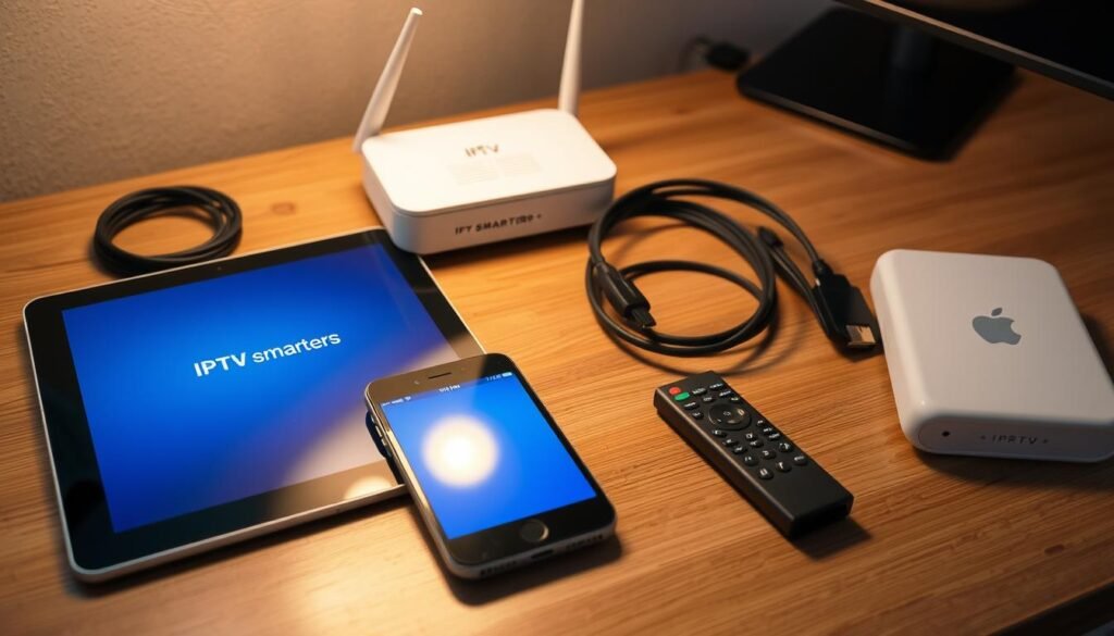A well-lit, tabletop scene showcasing the essential items needed to set up IPTV Smarters on iOS devices. In the foreground, an iPhone and iPad arranged neatly, their screens displaying the IPTV Smarters app. Alongside them, a high-speed internet router, an HDMI cable, and a remote control, all cast in a warm, inviting light. The middle ground features a stylish, wooden desk surface, with a subtle, neutral-toned background that allows the key items to take center stage. The overall composition conveys a sense of organization, preparedness, and the excitement of embarking on a new technological journey.
